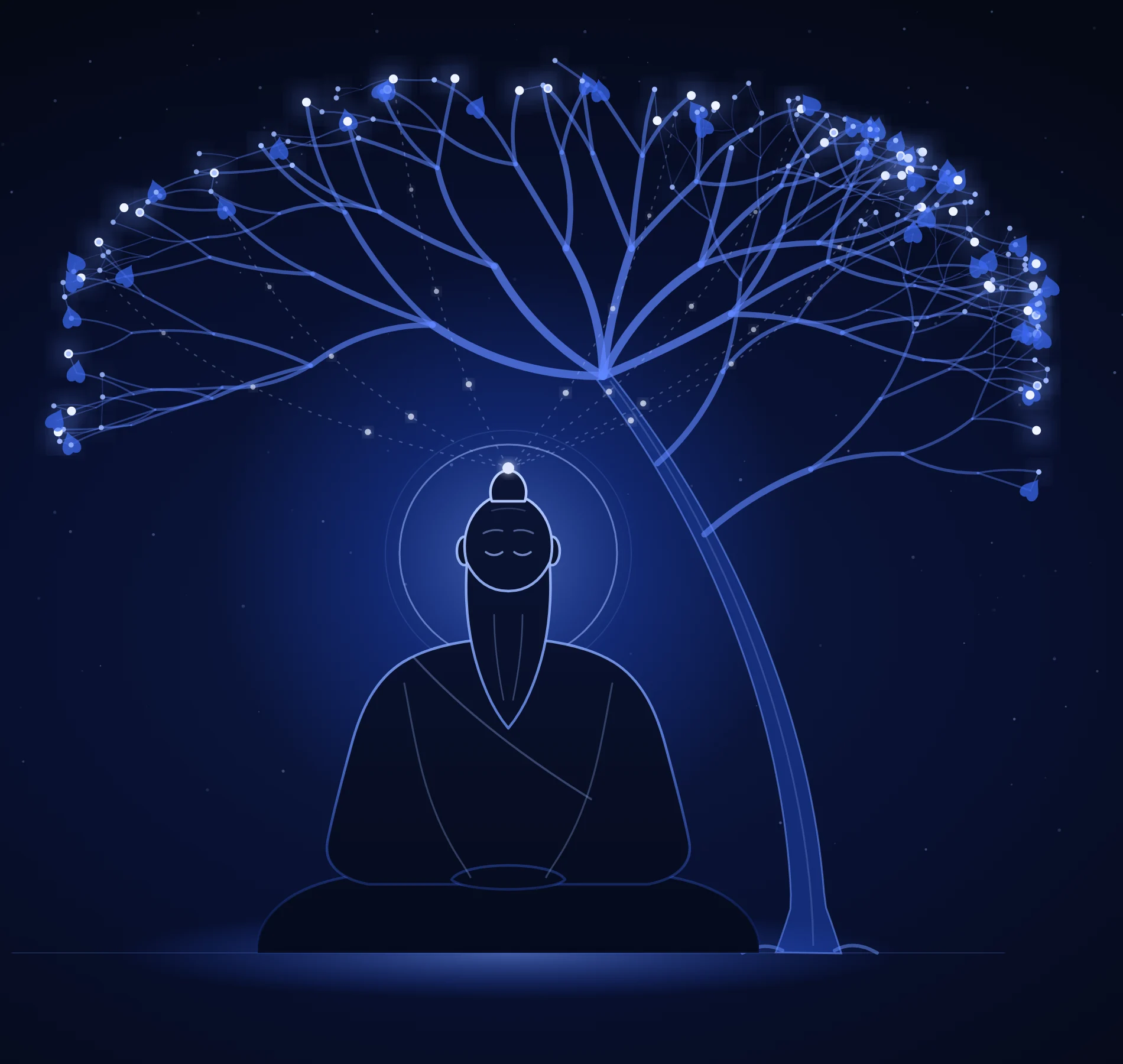 A calm figure meditating beneath a large tree whose branches glow cobalt blue and are joined by points of light, standing for a community that learns together.
