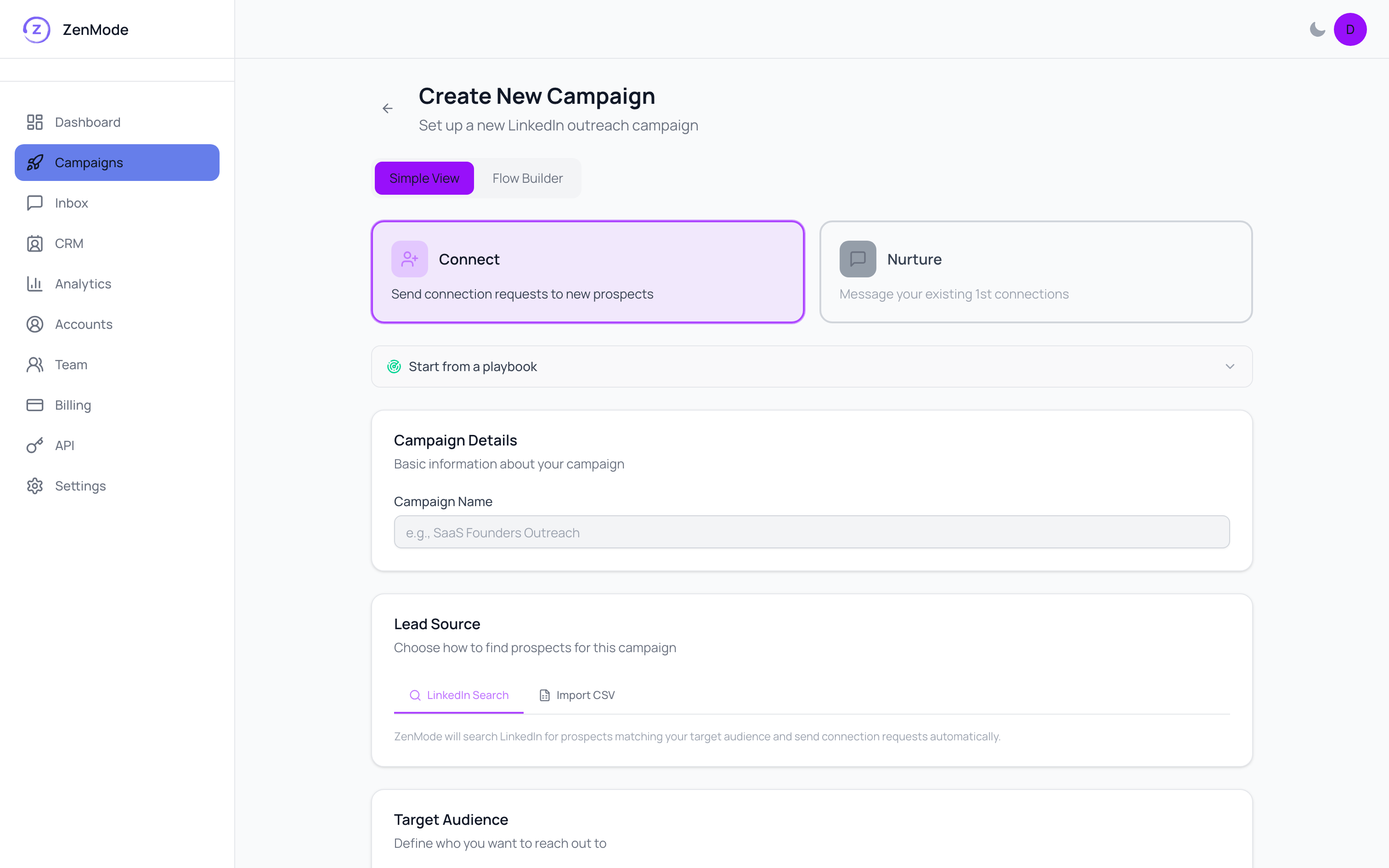 ZenMode campaign builder showing connect and nurture steps, lead source and target audience